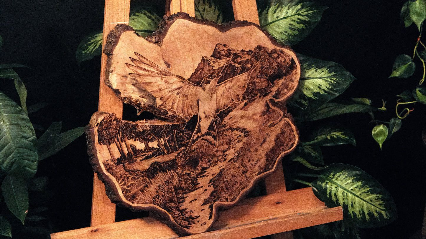 Wooden chair with a natural wood finish on a dark background with green leaves.